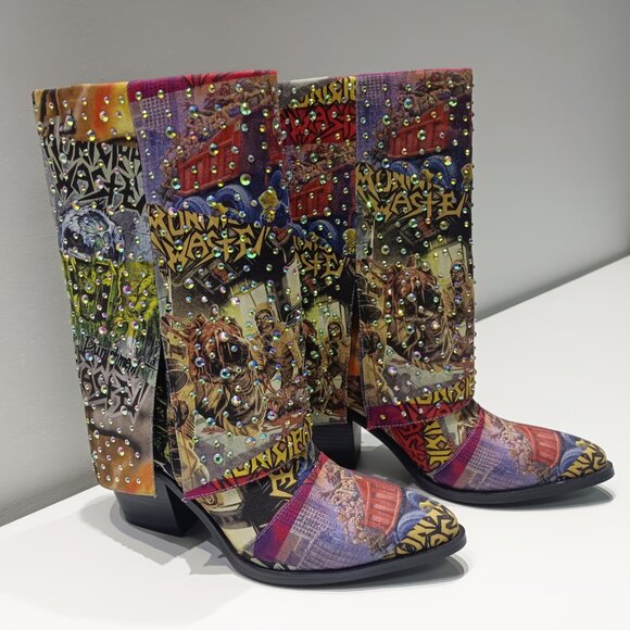 Punk Western Cowboy Boots With Rhinestones & Random Graffiti Mix - Picture 5 of 5